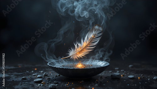 Feather on Fire Hovering Over Reflective Dark Surface with Rising Smoke