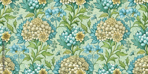 Floral pattern featuring soft blue and cream hues on a light green background.