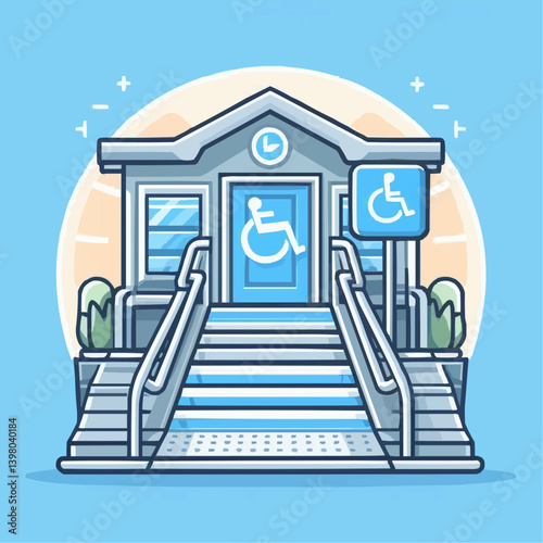 Accessible building entrance with ramps and signage in colorful vector style

