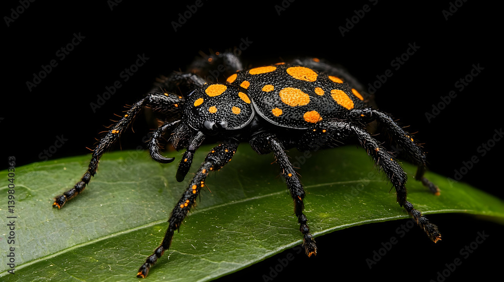 Naklejka premium Closeup Black And Orange Spotted Beetle On Green Leaf