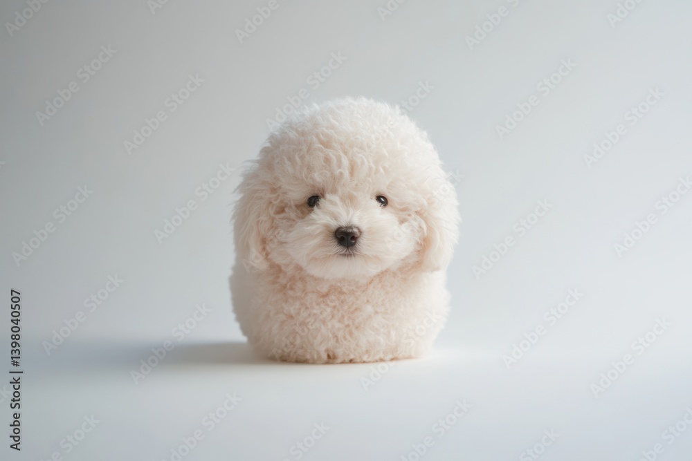 Fluffy white toy poodle puppy sitting, studio shot, light background, pet photography Fluffy white toy poodle puppy sitting, studio shot, light background, pet photography