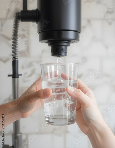 Person’s Hands Filling Glass with Filtered Water from Faucet in Modern Kitchen