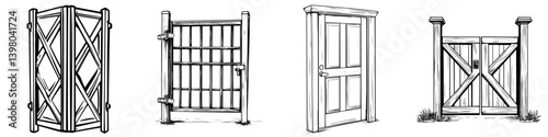 Unique vector hand draw designs of various wooden gates and doors showcasing intricate craftsmanship