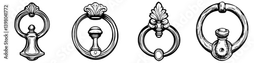 Hand-drawn vector designs of decorative door knocker styles showcasing classic craftsmanship and intricate details