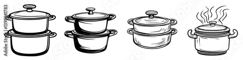 Hand drawn vector illustration of cooking pots showcasing various styles and steaming effects