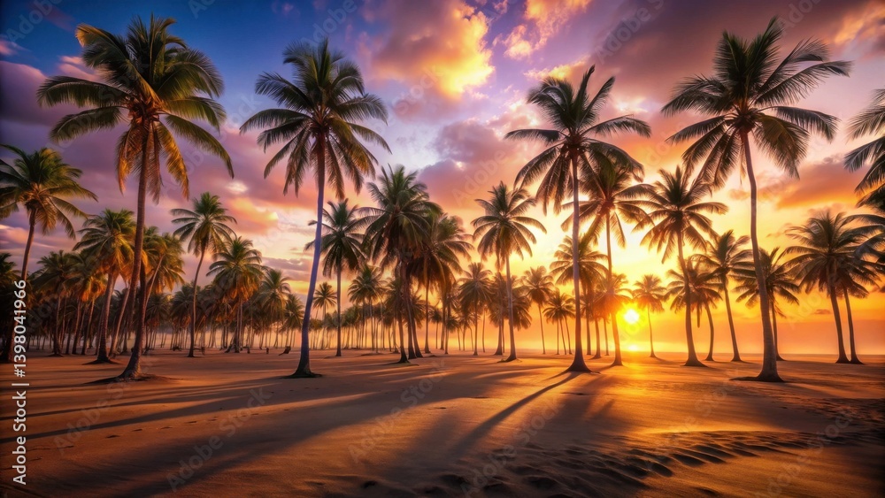 Fototapeta premium Golden Hour Serenity A Breathtaking Tropical Beach Sunset with Palm Trees Silhouetted Against Vibrant Skies