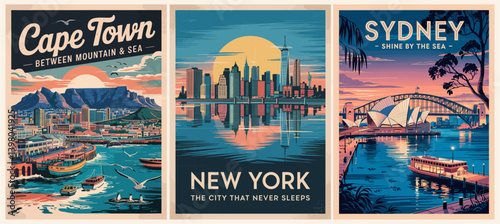 Set of travel destination posters in retro style. Cape Town, New York, Sydney cityscape prints. Colorful vector art illustrations