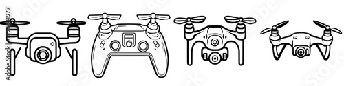 Explore the world of drone technology with detailed vector hand-drawn designs of various drones and their controllers
