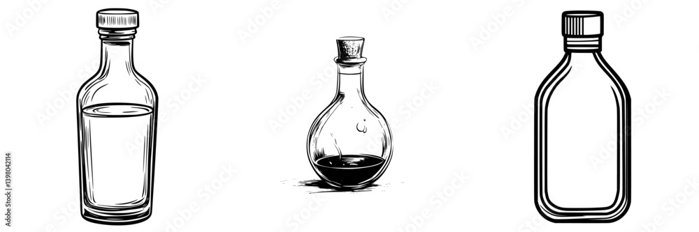 Hand drawn vector illustration of three unique glass bottles with different shapes and contents displayed on a plain background Hand drawn vector illustration of three unique glass bottles with different shapes and contents displayed on a plain background