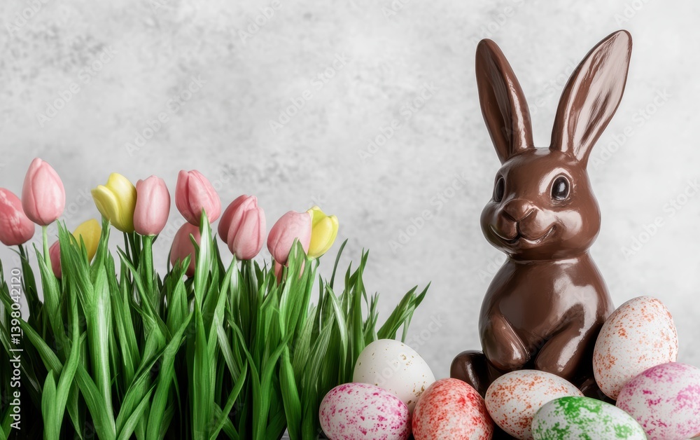 Obraz premium A chocolate bunny beside colorful Easter eggs celebrates the festive spirit of Easter.