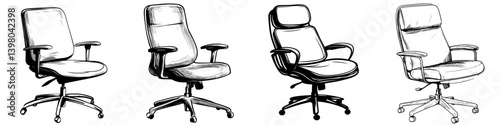 Vector hand draw of four office chairs showcasing different designs and styles for ergonomic seating solutions in a workspace