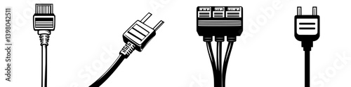 Vector hand draw of various electrical and network connectors showing different types and designs in black and white