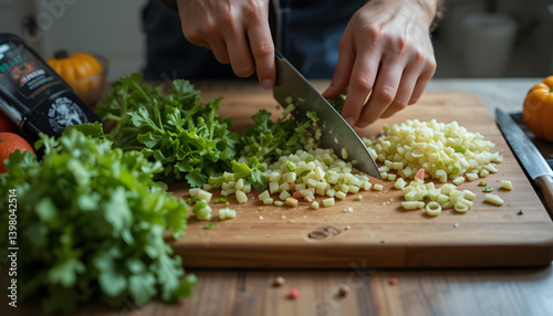 Close-Up of Knife Cutting Fresh Vegetables on Board