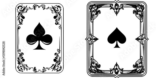 Vector hand draw of two playing cards featuring spade symbols and intricate border designs showcasing elegance and simplicity
