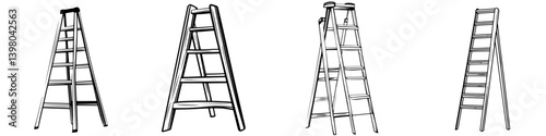 Hand-drawn vector illustrations of step ladders in various positions ready for home improvement tasks