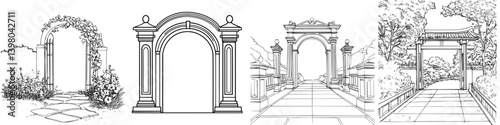 Vector hand draw of architectural garden arches in various styles and designs featuring pathways and greenery