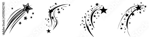 Vector hand drawn shooting stars with trailing lines and twinkling effects for artistic designs
