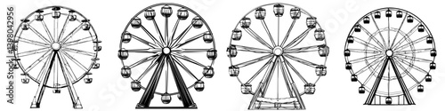 Vector hand draw of four different Ferris wheel designs showcasing unique structures and configurations for amusement parks