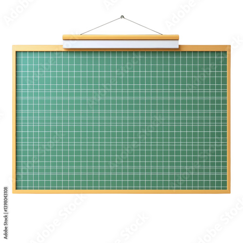 green grid lined chalkboard with wooden frame and hanging string, perfect for educational or office settings. board is blank, ready for writing or drawing