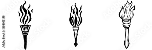 Vector hand-drawn torches with flames in various designs, representing light and inspiration