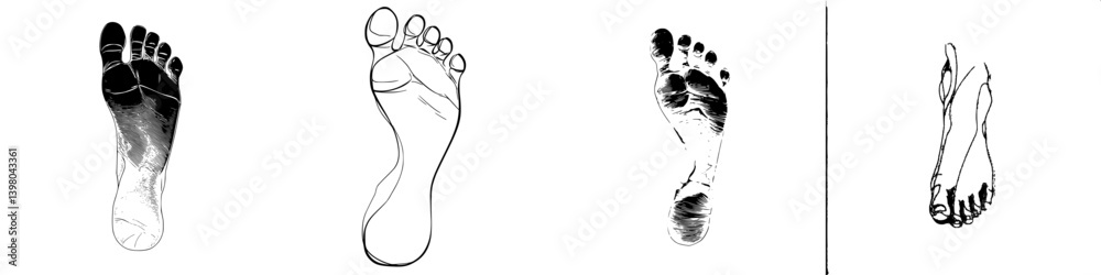 Unique vector hand-drawn representation of human footprints in various styles, showcasing the diversity in foot shapes and textures