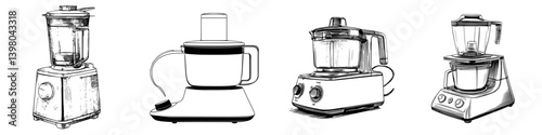 Unique vector hand-drawn kitchen appliances including blender, food processor, and mixer in black and white design