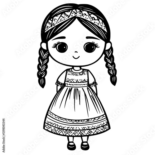 Vector hand draw of a cute girl in traditional attire with braided hair and intricate dress patterns