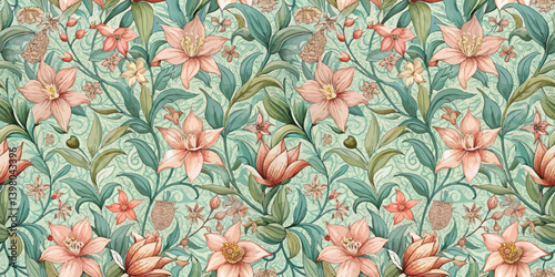 Soft pastel floral pattern with delicate pink flowers and green leaves.