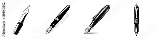 Vector hand drawn fountain pens showcasing different styles and angles on a clean background
