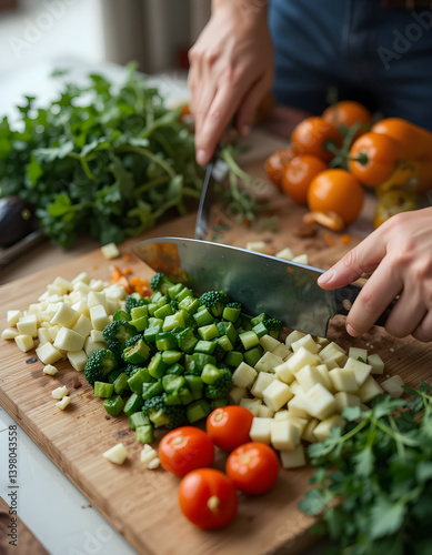 Fresh Ingredients Being Cut by Knife with Visible Hands
