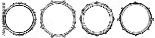 Decorative circular tambourines in sketch style featuring various designs and details