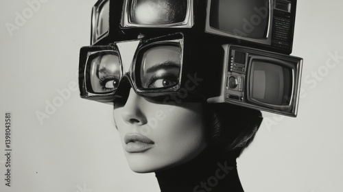 A woman with old TVs stacked on her head.