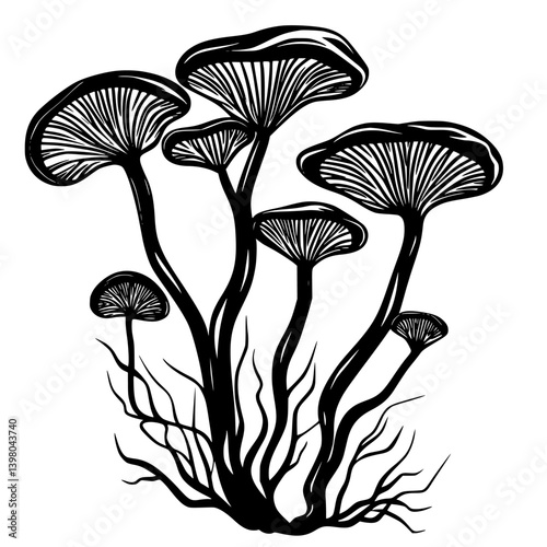 Hand-drawn vector illustration of various mushrooms in a natural setting with fine detailing and artistic flair