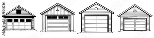 Detailed vector hand drawing of four distinct garage styles featuring varied designs and door placements, showcasing architectural diversity
