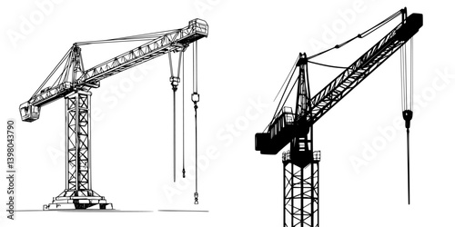 Vector hand-drawn construction cranes showcasing detailed design and structural elements