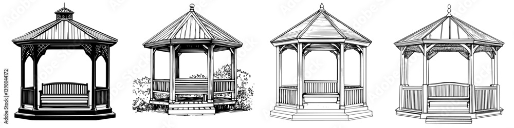 Vector hand-drawn collection of classic gazebos showcasing various designs and structures in outdoor settings Vector hand-drawn collection of classic gazebos showcasing various designs and structures in outdoor settings