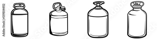 Vector hand-drawn collection of various gas canisters in different shapes and sizes for industrial and home use