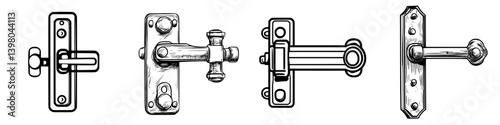 Various styles of hand-drawn vector door latches showcasing traditional and modern designs in black and white illustration