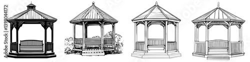 Vector hand-drawn collection of classic gazebos showcasing various designs and structures in outdoor settings