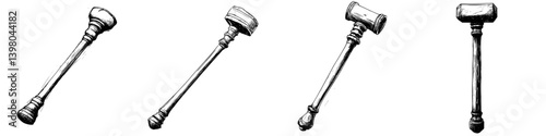 Vector hand-drawn depiction of a gavel showing different angles highlighting its design and structure