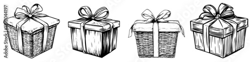 Hand-drawn vector illustrations of gift boxes with ribbons in various shapes and sizes