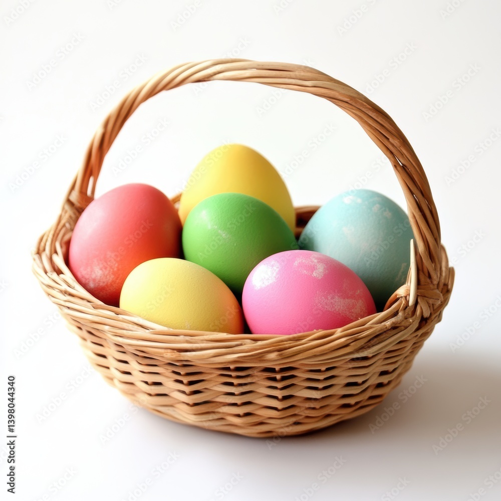 Naklejka premium A basket filled with vibrant eggs sits on a white table, celebrating the joy of Easter.