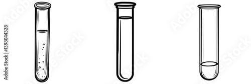 Vector hand-drawn illustration of three test tubes showcasing different substances and states in a laboratory setting
