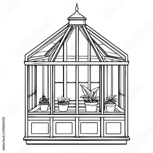 Vector hand drawn greenhouse with various plants in pots, showcasing intricate architectural design and lush greenery