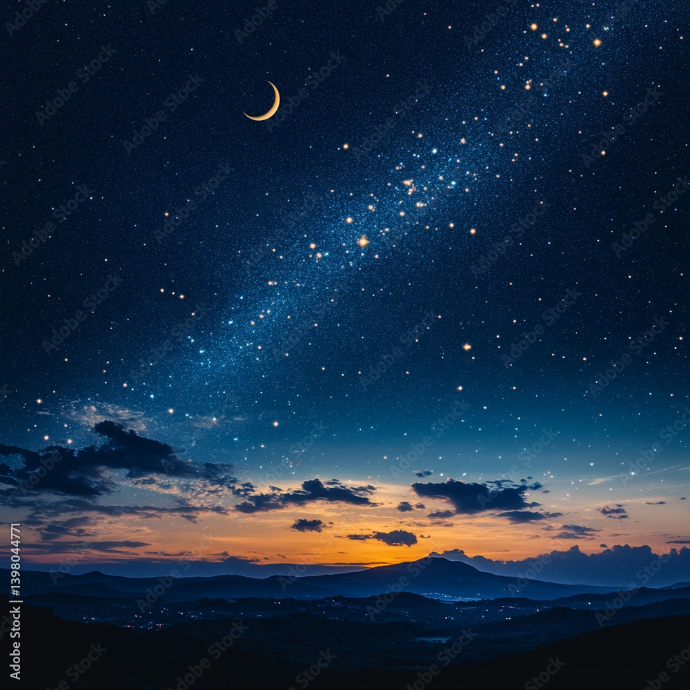 Night sky over mountains with crescent moon and stars Night sky over mountains with crescent moon and stars