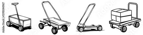 Hand-drawn vector illustrations of various types of carts with wheels for transporting goods in a minimalist style