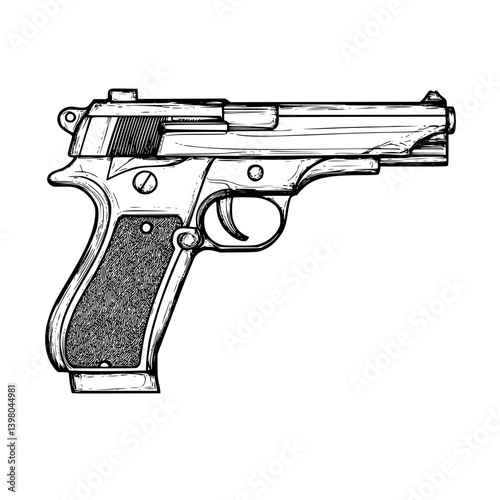 Vector hand-drawn illustration of a detailed pistol with a classic design and intricate features