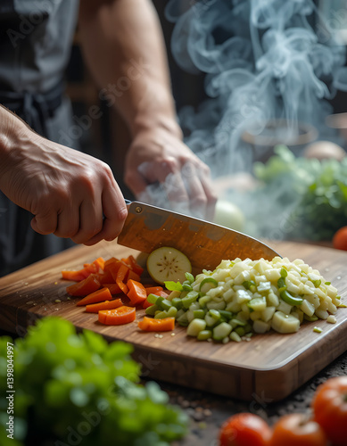 Cooking Preparation Scene with Knife, Vegetables, and Hands