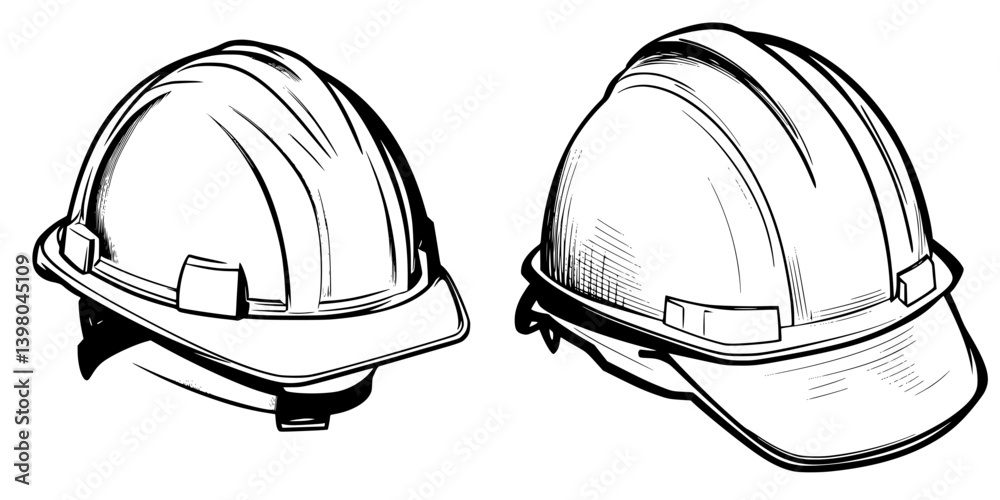 Detailed vector hand drawing of construction helmets showcasing different angles and design features in a minimalist style