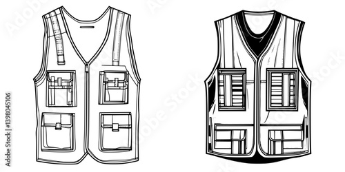 Vector hand-drawn design of utility vests showcasing multiple pockets for tools and equipment, ideal for outdoor activities and professions